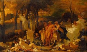 Bacchus And Ariadne With Bacchantes By An Altar In A Landscape by Sebastien Bourdon