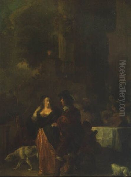 Elegant Company At A Table Outside A Mansion - view 1