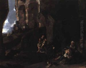 Travellers Grouped Around A Fire Under The Arch Of Ruined Aqueduct Travellers Grouped Around A Fire Under The Arch Of Ruined Aqueduct