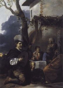 Joueur De Luth Devant Une Auberge by Sebastien Bourdon