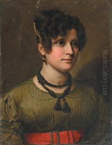 Portrait De Jeune Femme A La Robe Verte Et Ceinture Rouge, Une Aigrette De Perles Dans Sa Chevelure