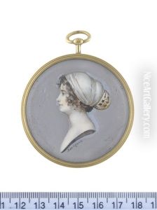 A Lady, In Profile To The Left, Wearing Gold Hoop Earring, Her Brown Hair Upswept Beneath A White Handkerchief And Tied In Place With A Net Of Gold Brocade