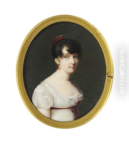 A Young Lady Called Madame Bernard, In Decollete White Dress, Claret Red Sash Tied Around Waist, Dark Upswept Hair Dressed With Coral Comb, Coral Earring - view 1