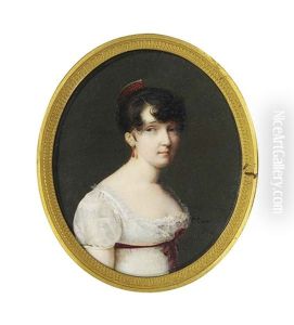 A Young Lady Called Madame Bernard, In Decollete White Dress, Claret Red Sash Tied Around Waist, Dark Upswept Hair Dressed With Coral Comb, Coral Earring
