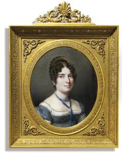 A Portrait Of The Artist's Wife In Blue Plaid Dress With White Underslip by Charles Guillaume Alexandre Bourgeois