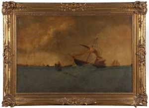 Ships At Sea With A Distant Shoreline by Peter Francis Bourgeois