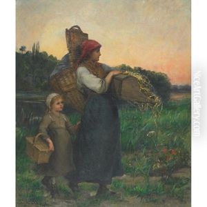 Mother And Young Girl Returning From Market by Pauline Elise Leonide Bourges