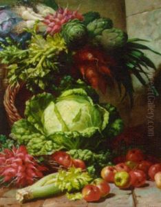 Cabbage, Carrots, Radishes, Celery, Artichokes, And Apples On A Stone Floor by Pierre Bourgogne
