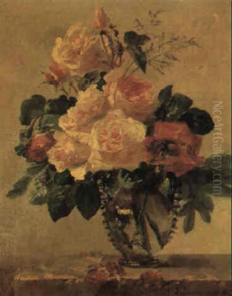 Still Life With Roses In Glass Vase On Stone Ledge - view 1