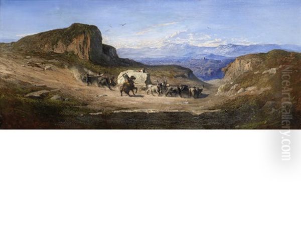 A Group Of Bullocks With Their Herders Carrying A Block Of Carrara Marble From The Quarries Of The Apuan Mountains, Tuscany, Down To The Town Of Carrara - view 1