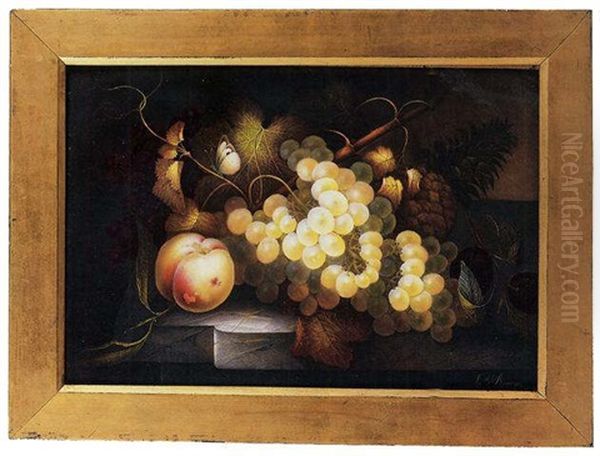 A Still Life Of A Peach, White And Black Grapes, Dark Plums And A Pineapple, A Cabbage, White Butterfly Resting On A Tendril, On A Marble Top - view 1
