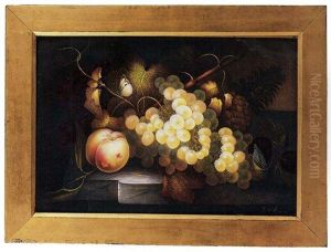 A Still Life Of A Peach, White And Black Grapes, Dark Plums And A Pineapple, A Cabbage, White Butterfly Resting On A Tendril, On A Marble Top by James Bourne
