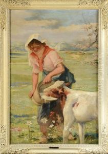 Jeune Fermiere Nourissant Un Veau by Auguste Bourotte