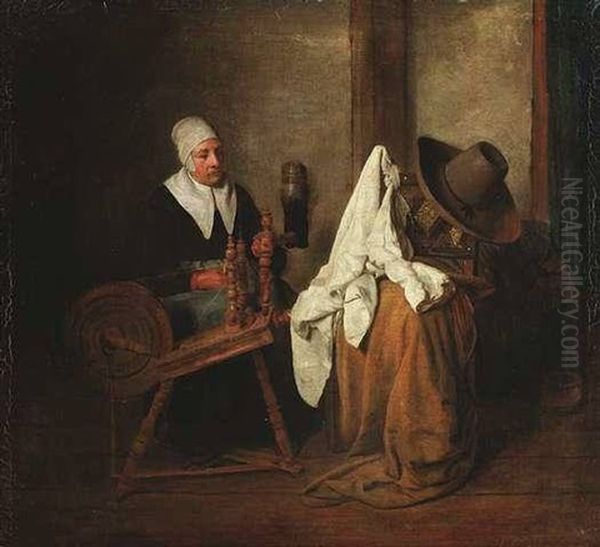 Stubeninterieur Mit Einer Alten Frau Am Spinnrad - view 1