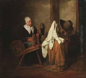 Stubeninterieur Mit Einer Alten Frau Am Spinnrad