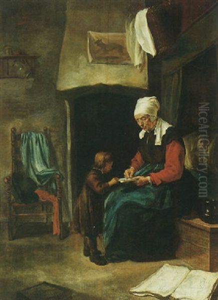 A Domestic Interior With An Old Maid Teaching A Young Boy To Read - view 1