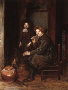 Man Seated Before A Fire Smoking A Pipe With A Young Boy Standing Nearby