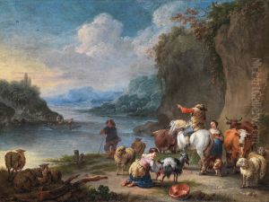 Drovers And Their Herd Resting Beside A River Drovers And Their Herd Resting Beside A River
