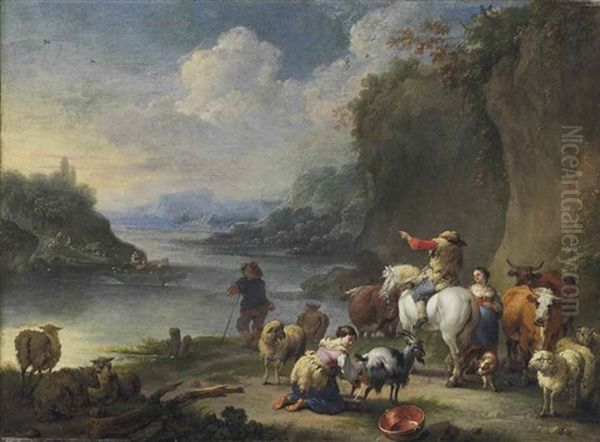 A River Landscape With Shepherds And Their Herds At Rest - view 1