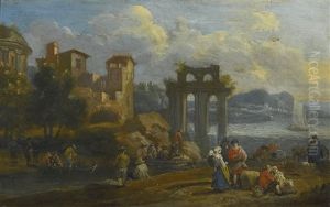 Figures In A Costal Landscape Resting Near Classical Ruins Figures In A Costal Landscape Resting Near Classical Ruins