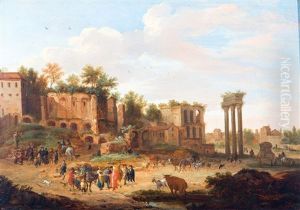 Een Oosterse Koopman Met Zijn Gevolg In Gesprek Met Boeren Op De Campo Vaccino In Rome, Een Kwakzalver Op Een Zeepkist In De Verte