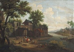 A Wooded River Landscape With A Hunting Party At The Gate Of A Village