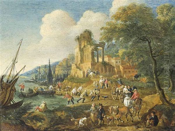 Fishermen Landing Their Catch, With Travellers On A Track, Beside Classical Ruins, A City Beyond - view 1