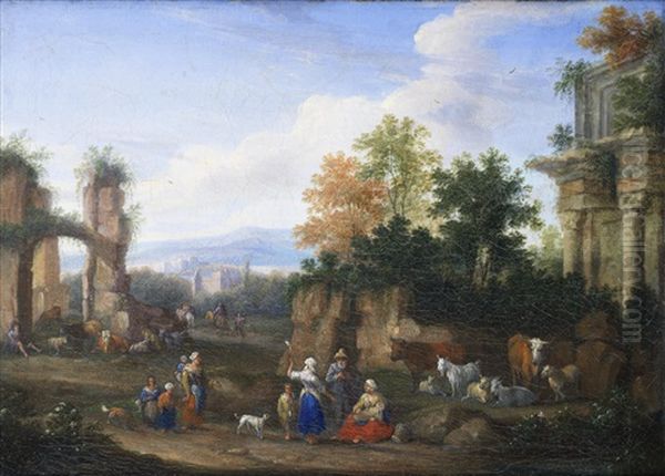 Peasants Grazing Their Cattle In An Open Landscape, Amongst Classical Ruins - view 1