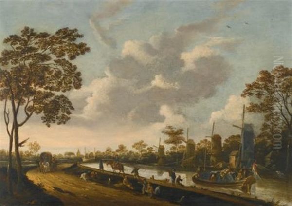 A Landscape With A Barge Being Towed Along A Canal by Pieter Bout
