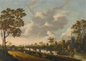 A Landscape With A Barge Being Towed Along A Canal A Landscape With A Barge Being Towed Along A Canal