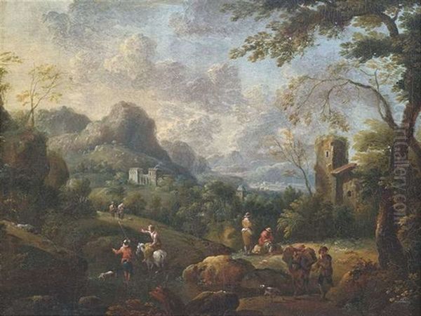 Bergige Ideallandschaft Mit Hirten Und Reisenden - view 1