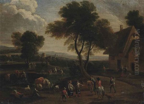 A River Landscape With Travellers On A Track, Villagers Conversing And Fishing Beyond - view 1