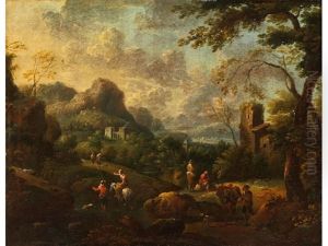 Bergige Ideallandschaft Mit Ruinosen Gebauden Und Hirten Auf Einer Anhohe Bergige Ideallandschaft Mit Ruinosen Gebauden Und Hirten Auf Einer Anhohe