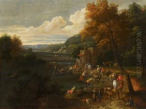 Flusslandschaft Mit Zahlreichen Personen Flusslandschaft Mit Zahlreichen Personen