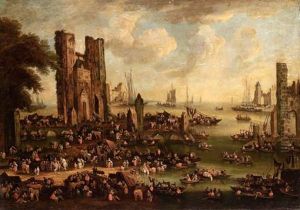 Buntes Markttreiben An Einem Hafen In Paris by Pieter Bout