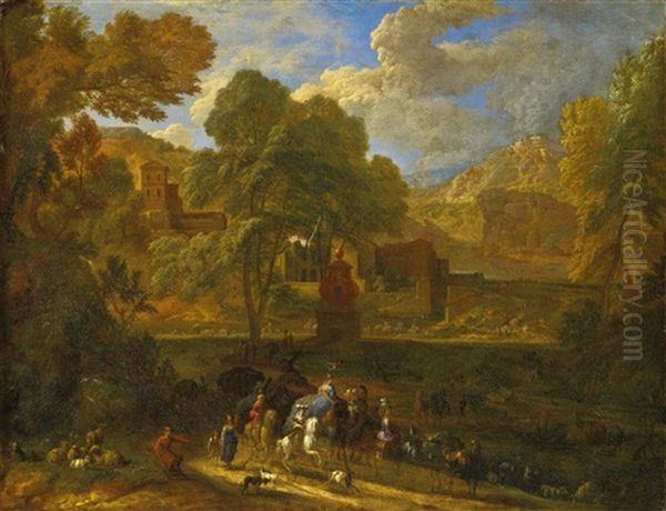 Italienische Gebirgslandschaft Mit Einer Orientalischen Reisegruppe Auf Einem Kamel - view 1