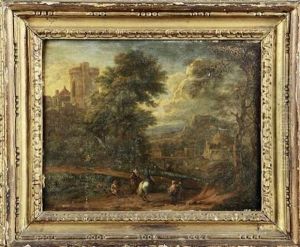 Personnages Et Cavaliers Dans Un Paysage Au Chateau Fortifie