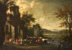Herdsmen Watering Their Cattle And Sheep At A Stream Before Ruins by Pieter Bout