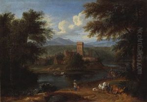A River Landscape With Figures, Horses And Dogs On A Path In The Foreground With A Fortified Town Beyond (collab. W/adriaen Boudewyns)