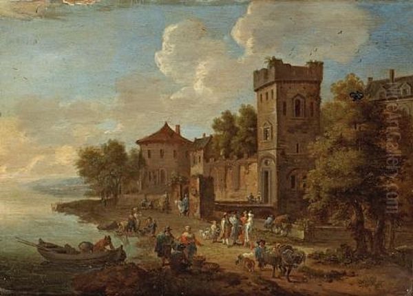 An Extensive Landscape With Numerous Figures Gathered Outside Buildings (+ A Companion River Landscape; Pair) - view 1