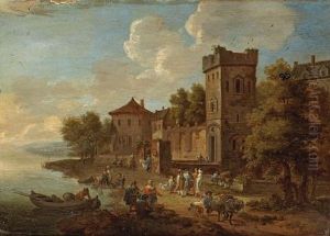 An Extensive Landscape With Numerous Figures Gathered Outside Buildings (+ A Companion River Landscape; Pair) by Pieter Bout