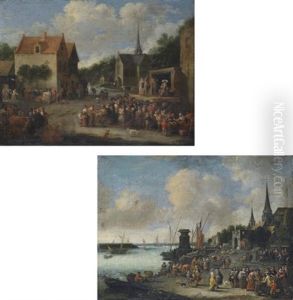 A Village Square With A Crowd Watching A Commedia Dell'arte Spectacle (+ A Capriccio View Of Antwerp; Pair)