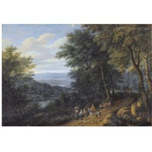 A Wooded Landscape With Figures Travelling Along A Path (collab. W/ Adriaen Frans Boudewijns) by Pieter Bout