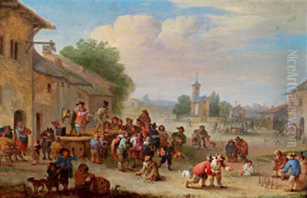 Blick Auf Einen Marktplatz Mit Vielen Figuren, Einer Auffuhrung Von Wanderschauspielern Und Bauern Beim Kegeln - view 1