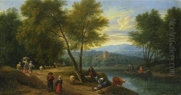 Flusslandschaft Mit Tieren Und Personenstaffage - view 1