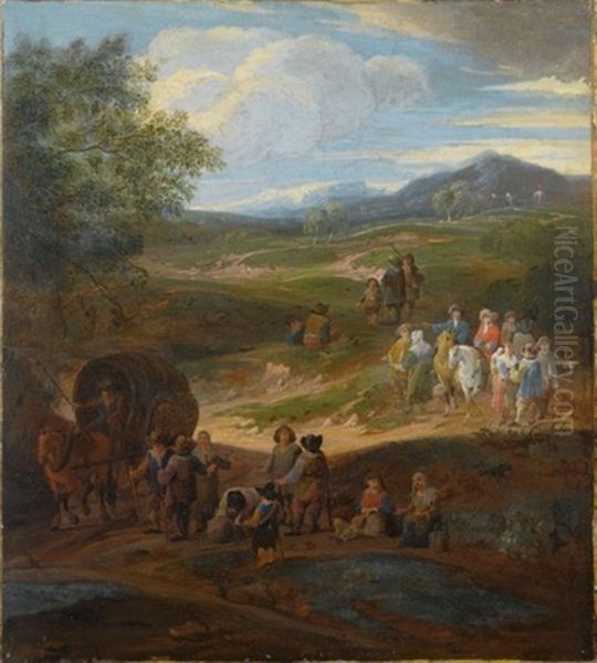 A Landscape With Travellers And Two Horsemen On A Path, A Horse-drawn Wagon And Other Travellers To The Foreground - view 1