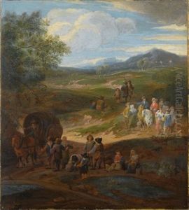 A Landscape With Travellers And Two Horsemen On A Path, A Horse-drawn Wagon And Other Travellers To The Foreground