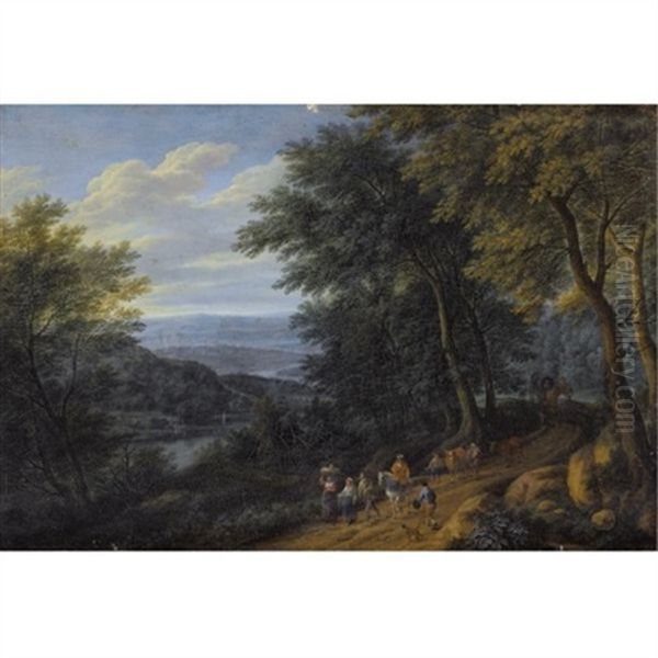 A Wooded Landscape With Figures Travelling Along A Path - view 1