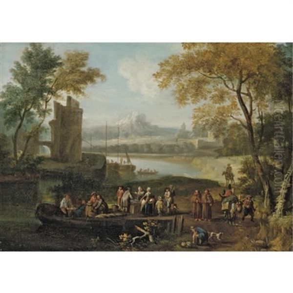 Landscape With Men Loading Cargo Onto A Ferry, Travellers And Monks Passing By - view 1