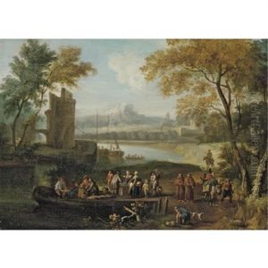 Landscape With Men Loading Cargo Onto A Ferry, Travellers And Monks Passing By by Pieter Bout